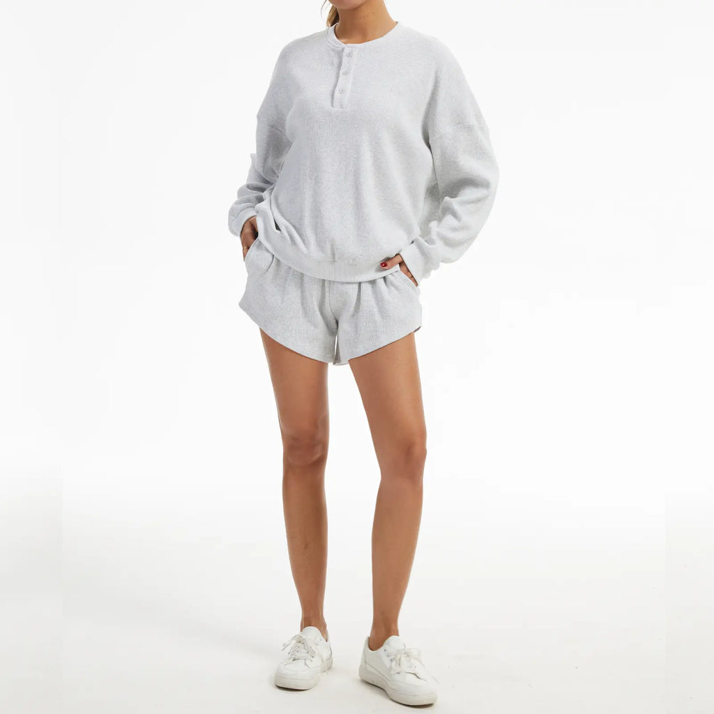 AnotherChill Women's Oversized Waffle Knit Lounge Set – Long Sleeve Henley Sweatshirt and High Waisted Shorts 2 Piece Casual Outfit