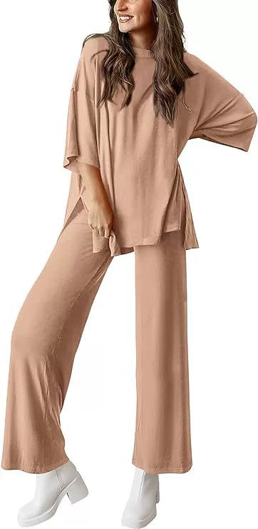 Stylish and casual loose T-shirt pajama set with side pockets