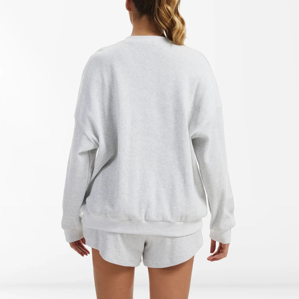 AnotherChill Women's Oversized Waffle Knit Lounge Set – Long Sleeve Henley Sweatshirt and High Waisted Shorts 2 Piece Casual Outfit