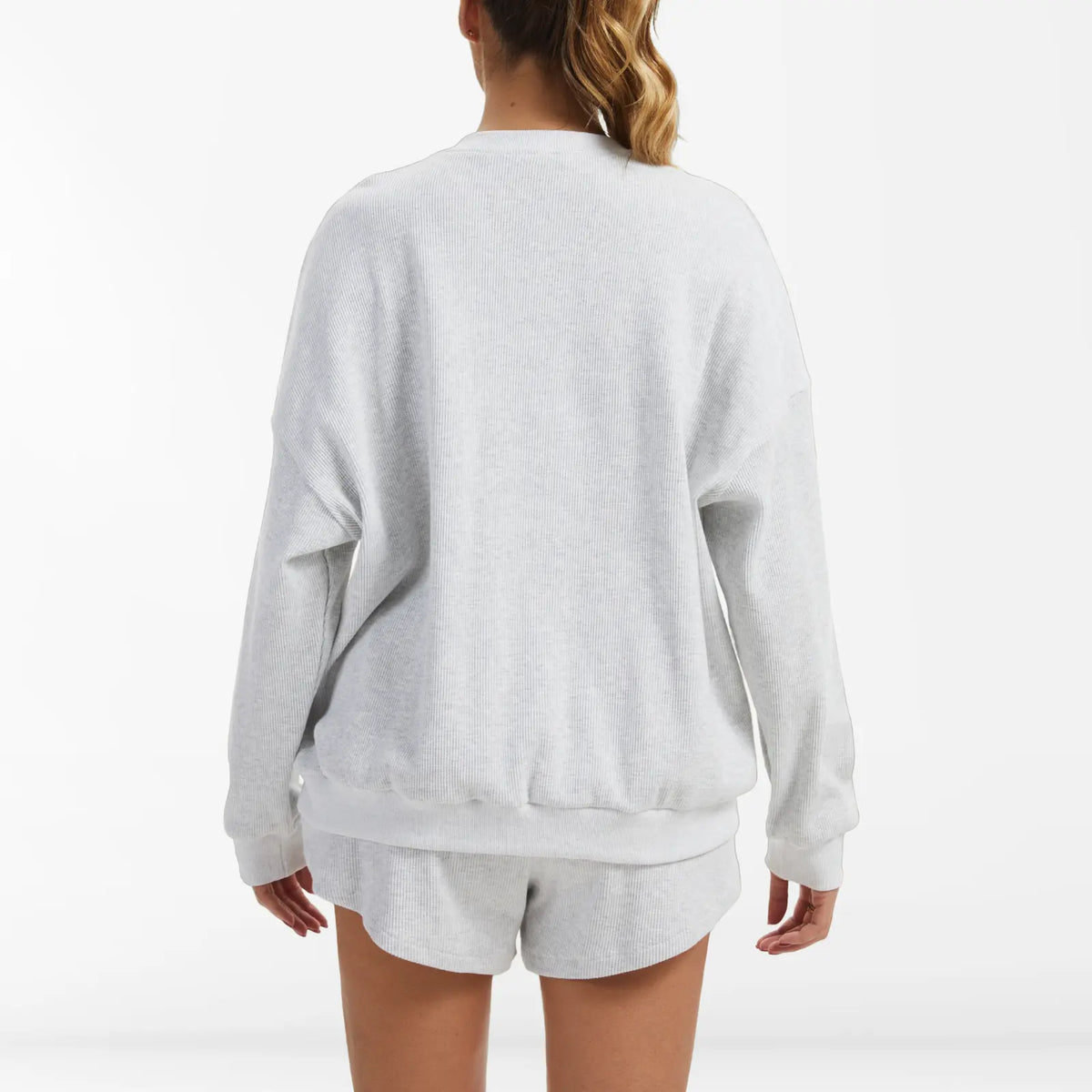 AnotherChill Women's Oversized Waffle Knit Lounge Set – Long Sleeve Henley Sweatshirt and High Waisted Shorts 2 Piece Casual Outfit